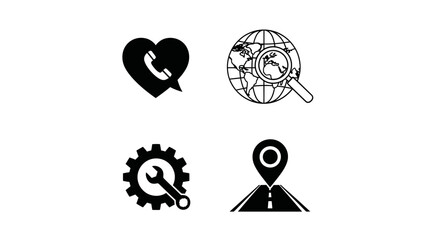 Graphic icons illustrating essential business, communication, global search, and location services for various platforms.