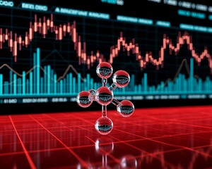 The ARVI molecule on a red background of changing charts of trading and financial markets. The concept of the SARS pandemic and the financial and economic crisis.