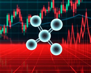 The ARVI molecule on a red background of changing charts of trading and financial markets. The concept of the SARS pandemic and the financial and economic crisis.