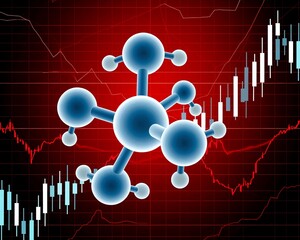 The ARVI molecule on a red background of changing charts of trading and financial markets. The concept of the SARS pandemic and the financial and economic crisis.