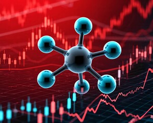 The ARVI molecule on a red background of changing charts of trading and financial markets. The concept of the SARS pandemic and the financial and economic crisis.