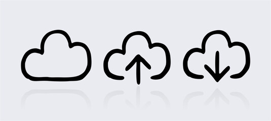 Cloud server upload download doodle icon vector set