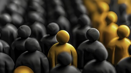 A group of stylized human figures with one yellow figure standing out among black ones, symbolizing individuality or leadership.