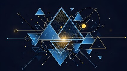 Abstract geometric composition features layered blue triangles and connecting lines on dark
