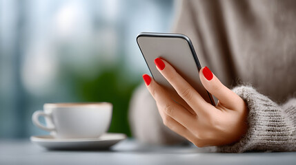 Woman's hand with red manicure holding a smartphone. Coffee and relaxation. Lifestyle, social media, connection, autumn, technology, mobile phone, cozy.