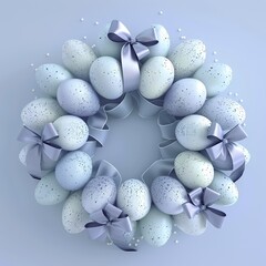 Easter egg wreath with speckled eggs and purple ribbons arranged in a circular pattern