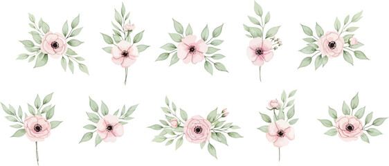 Elegant Watercolor Pink Flower Arrangements with Green Leaves Vector Illustration Set