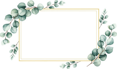 Elegant watercolor eucalyptus border frame with gold lines on white background