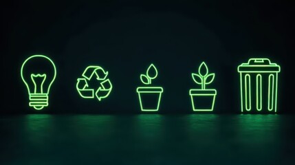 Neon icons of light bulb, recycling symbol, and green plants on dark background, representing sustainability, eco-friendliness, and environmental awareness