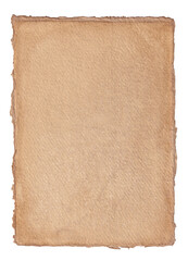 Single page deckle edged light brown stained paper. Isolated PNG file with transparent background. Hand stained parchment paper with space for graphics or text. High resolution. 
