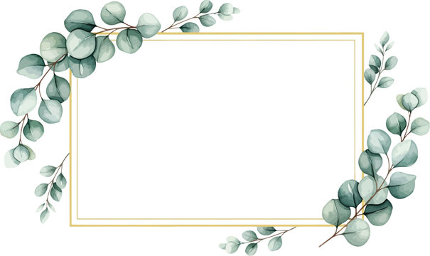 Elegant watercolor eucalyptus border frame with gold lines on white background