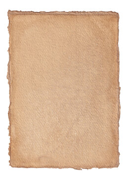 Single page deckle edged light brown stained paper. Isolated PNG file with transparent background. Hand stained parchment paper with space for graphics or text. High resolution. 