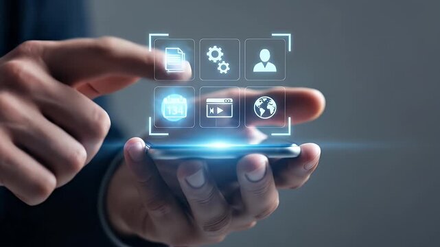 Man Holding Phone Displaying Blue Icons on Gray Background Representing Technology and Connectivity in Dark Blue Suit