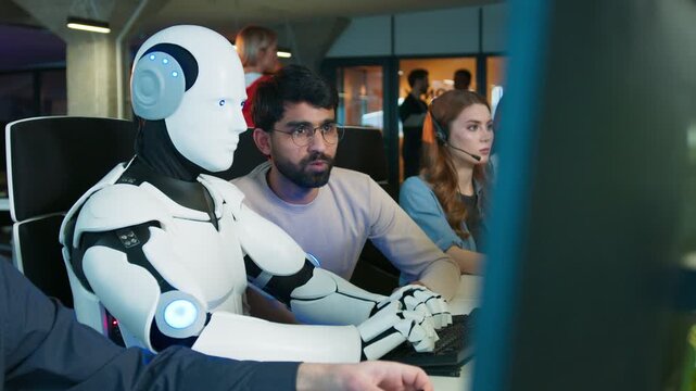Male speaking to humanoid robot. Robot entering information on keyboard with focus. Coworkers typing at desks nearby. People concentrating on tasks in active office environment with steady workflow.