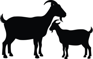 Silhouettes of Two Goats Standing Side by Side on White Background for Farm, Nature, Animal, and Educational Design Concepts