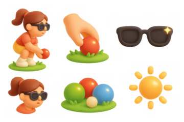 Cartoon bocce game icons featuring sunglasses and sun elements for sport-themed design