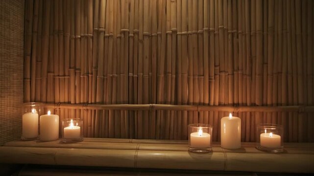 Warm glowing candles illuminate a textured bamboo wall, creating a serene and peaceful ambiance.
