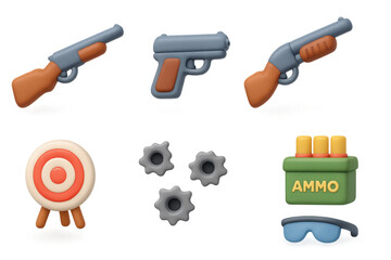 Cartoon weapon icon set with guns, target, ammunition, and accessories for illustrations and game design