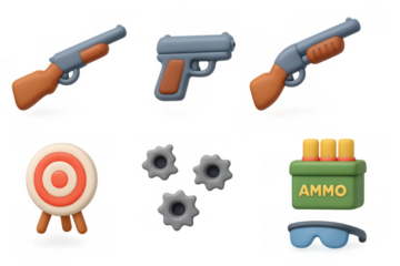 Cartoon weapon icon set with guns, target, ammunition, and accessories for illustrations and game design
