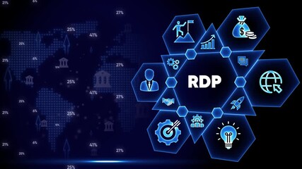 Digital RDP Concept With Global Network And Business Icons On Dark Blue Background remote desktop protocol
