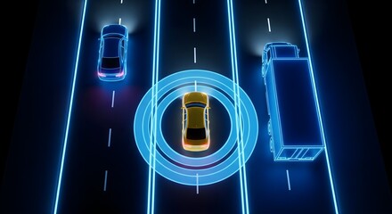 Autonomous car driving on highway with sensor detection system and futuristic digital interface