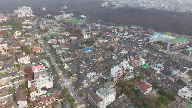 Aerial view of Bukchon Hanok Village rooftops, Seoul.