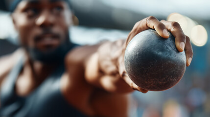 Photorealistic shot put, athlete spinning release, track field competition, explosive rotational strength, athletic power display, summer sport excellence, throwing technique momen