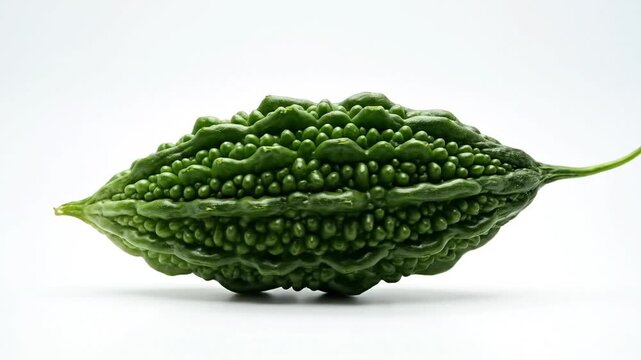 A close-up studio shot of a green bitter melon against a white background