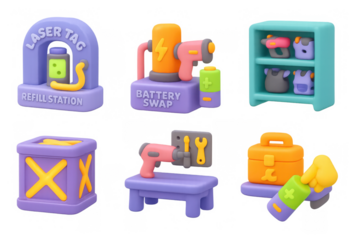 Vibrant laser tag icon set featuring refill station, battery swap, and equipment tools