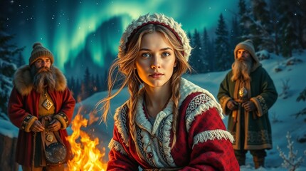 Girl in a hopeful magical mood sitting by a fire for About the Twelve Months against a forest and northern lights backdrop
