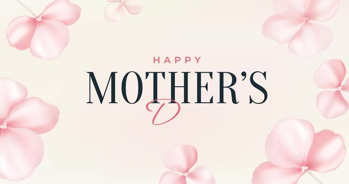 Happy Mothers day. Charming moving banner with blooming flowers, delicate pink petals and congratulatory text for moms. Festive design for holiday celebration. Realistic graphic animated cartoon