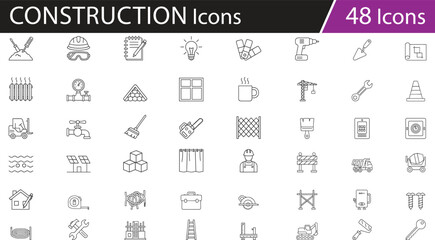Construction icons vector set, engineering tools collection, home improvement symbols, building equipment, renovation elements, editable line style, isolated, professional, clean design, modern layout