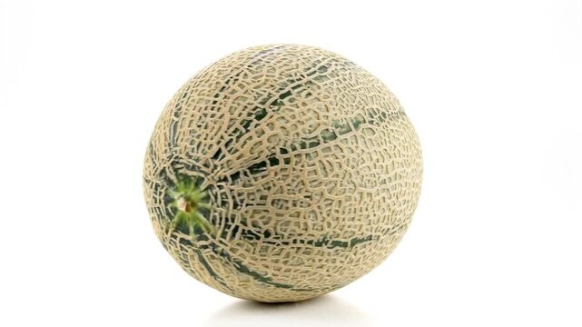 Close-up Studio Shot of a Cantaloupe Melon with Green Stem on a White Background