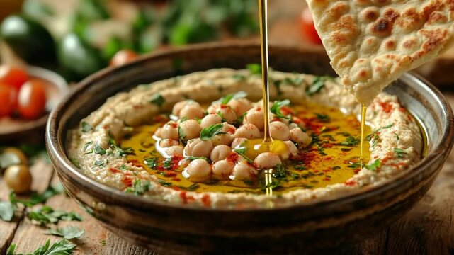 Creamy Hummus with Olive Oil and Pita Bread