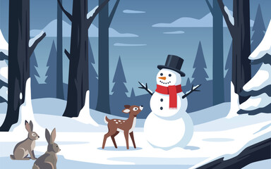 Snowman and Friends in a Winter Forest