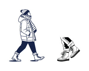 A stylish sketch of a person in winter attire, with a separate illustration of their boots