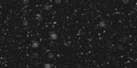 Illustration of falling snowflakes on a black background, festive Christmas snowfall, white snowfield.