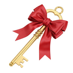 Elegant golden antique style key adorned with a vibrant red bow representing success and opportunities