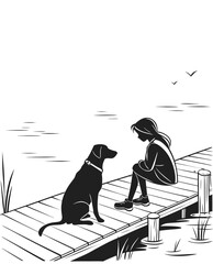 A black dog sits attentively beside a young girl on a wooden dock. They are near the water, with reeds visible