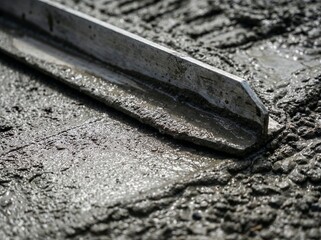 Closeup clip of a bull float being used on new cement concrete by a worker to bring liquid to the surface and to level, and smooth the new sidewalk at a construction job site.