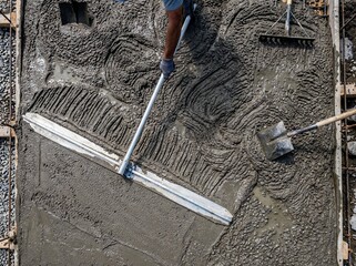 Close-up of a bull float being used on new cement concrete by a worker to bring liquid to the surface and to level and smooth the new sidewalk at a construction job site.