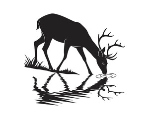 A black silhouette of a deer with antlers drinks from a body of water, its reflection clearly visible