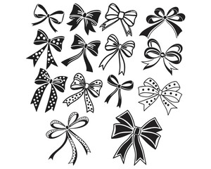 A variety of hand-drawn bow designs in black and white, showcasing different styles and patterns for decoration