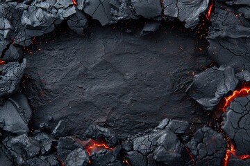 Obsidian frame displays red glowing cracks. It floats in a dark space, with a rough surface below. This scene captures a unique blend of elements, highlighting the contrast between light and dark