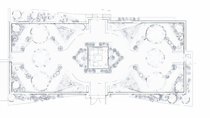 Detailed Architectural Landscape Design Plan Top View Sketch of a Formal Garden Layout