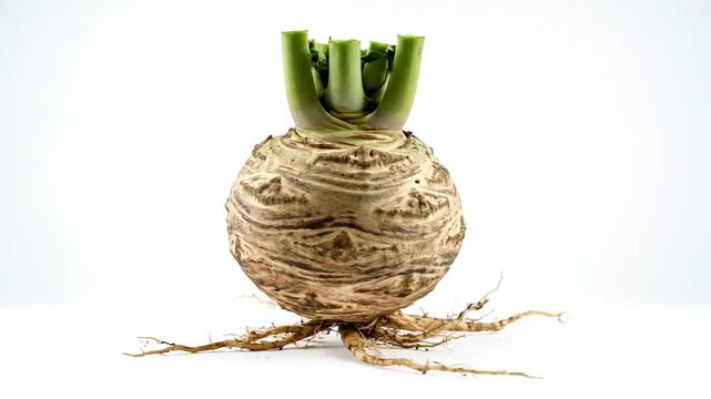 A single celeriac root with visible roots and green stalks against a white background