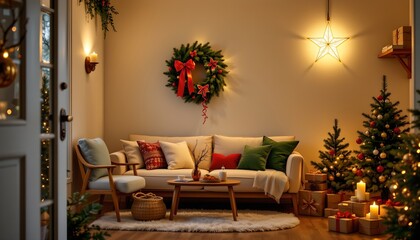 Cozy Holiday Living Room with Warm Lighting and Decorative Touches