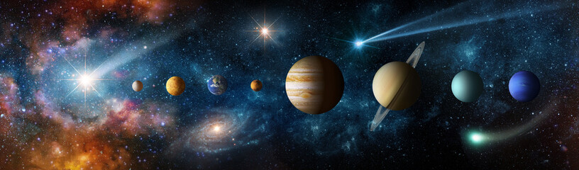 Solar System with the Sun, planets, cosmic dust, nebulae, stars, Earth and comets arranged in a scientific space panorama.  Elements of this image furnished by NASA. © Tryfonov