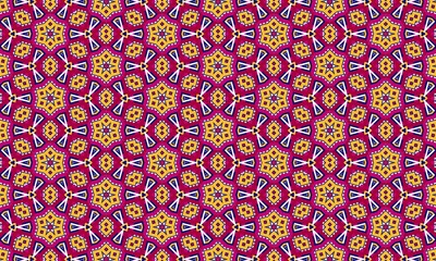 Lively geometric pattern featuring multi-pointed stars in bright yellow and magenta against a rich blue background.