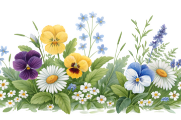 Watercolor floral border with pansies daisies and wildflowers isolated on transparent background